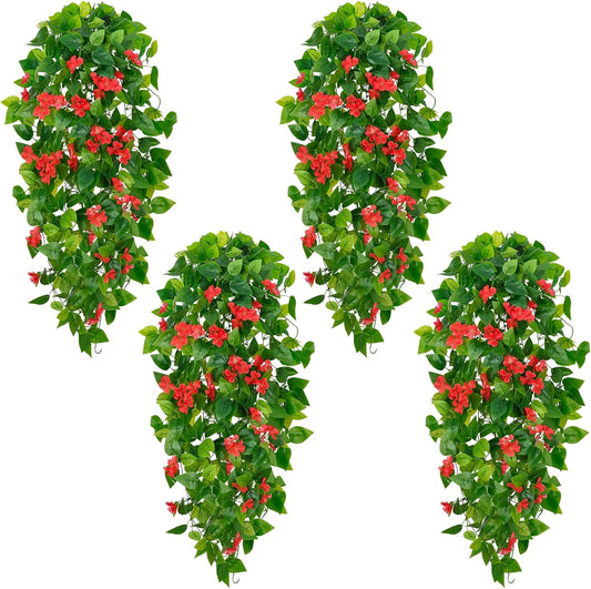 BLEUM CADE Artificial Hanging Flowers for Outdoors, 4pcs Fake Hanging Plants Pothos Vines with Red