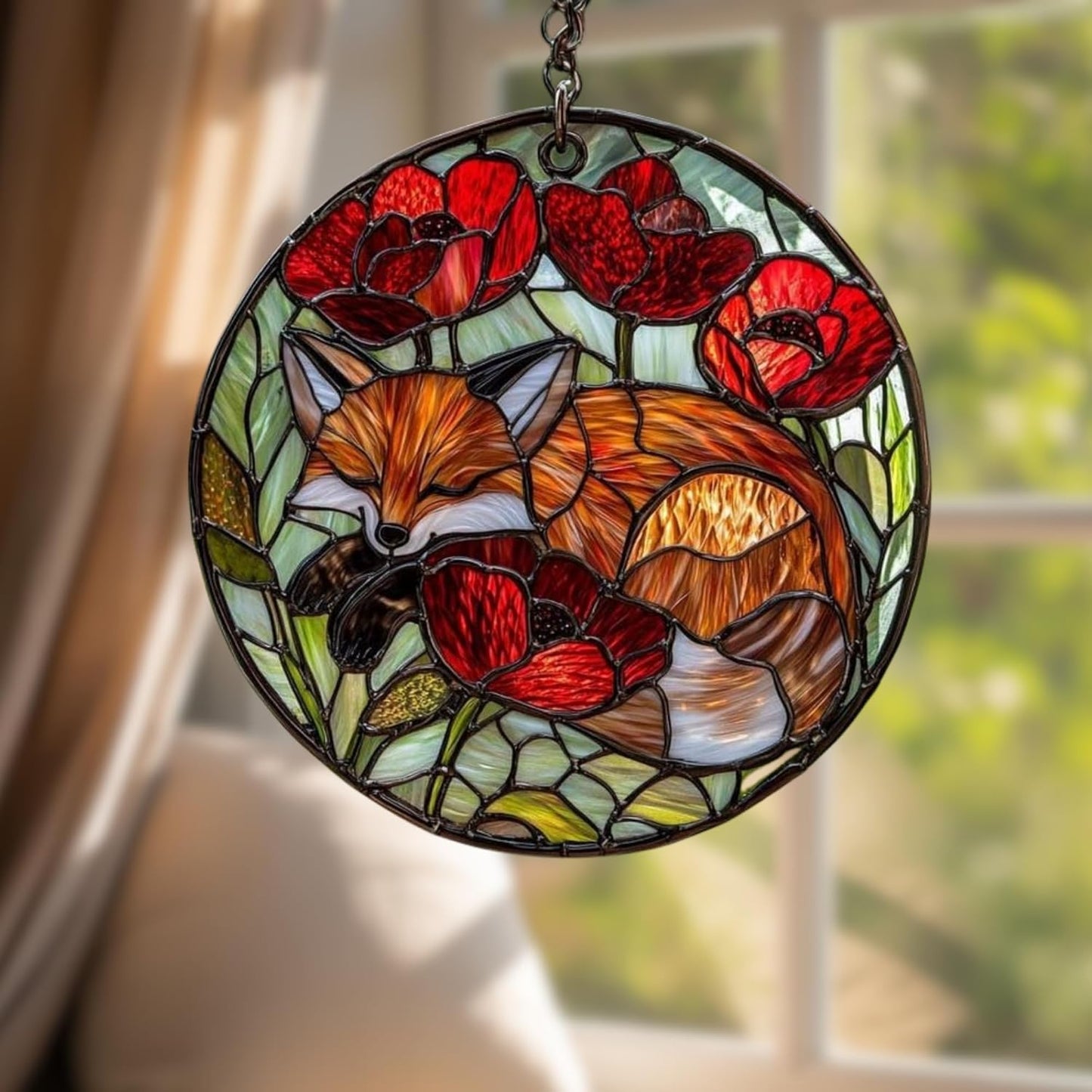 Fox Poppies Flower Acrylic Suncatcher Stained Glass Effect Window Car Hanging Christmas Ornament Indoor Outdoor Decor Garden Sun Catcher Panel Gifts for Fox Lover for Women Mom Grandma