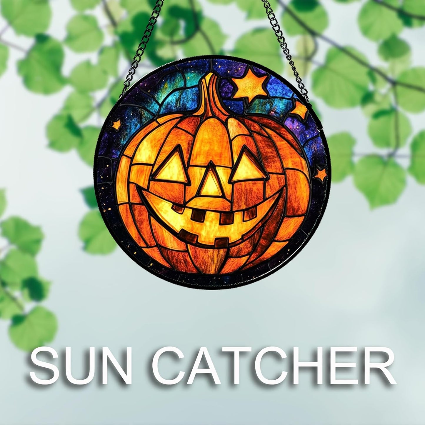 Stained Glass Window Hanging Halloween Horror Golden Pumpkin 7.8" - Suncatcher Door Garden Sunroom Gothic Style Sun Catcher Birthday for Friend Mom Men Woman Nana