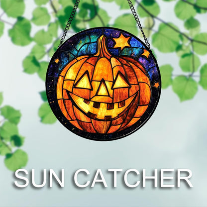 Stained Glass Window Hanging Halloween Horror Golden Pumpkin 7.8" - Suncatcher Door Garden Sunroom Gothic Style Sun Catcher Birthday for Friend Mom Men Woman Nana