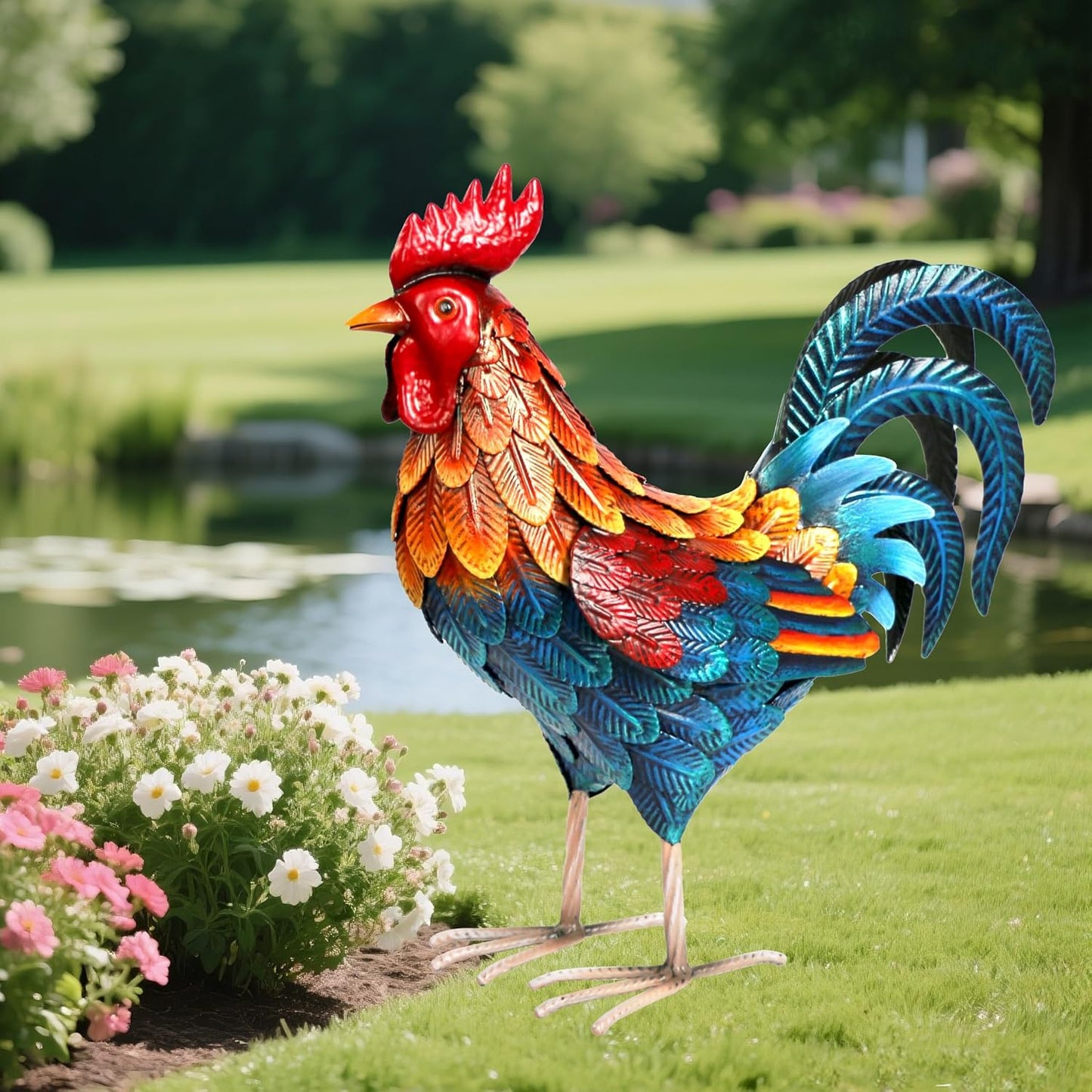 Shorayn Metal Rooster Statues Outdoor Garden Decor Metal Chicken Sculptures & Statues Chicken Ornaments Yard Art for Backyard Patio Lawn Decorations