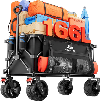 Collapsible Wagon, Foldable Beach Cart with Big Wheels for Sand, Heavy Duty All-Terrain Utility and Garden Cart, Portable Grocery Wagon, 166L Capacity, 450lb Load