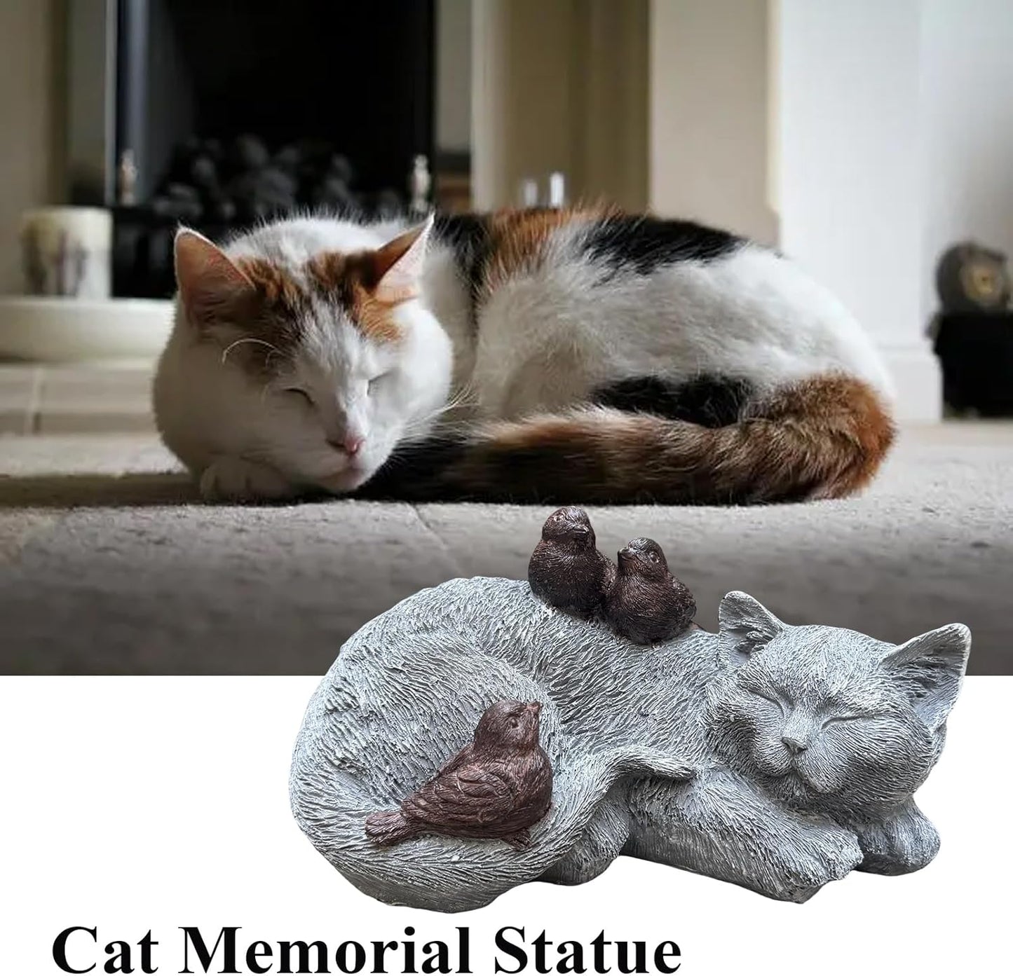 Cat Statue Outdoor Garden Decor - 11.4" Sparrows on Cat Figurine Memorial Grave Markers Garden Resin Sculpture for Outdoor Decoration, Pet Statues Gifts for Loss of Tabby Sympathy 11.4" x 7.1" x 4.6"
