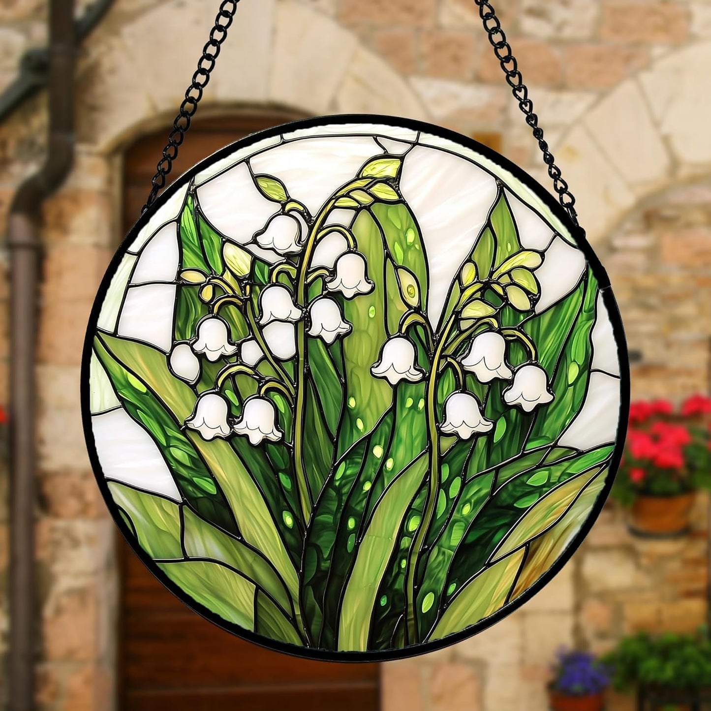 Stained Glass Window Hanging, Lily of The Valley Flower Sun Catchers Colorful Glass Panel Green Plants Suncatcher Decor for Birthday for Women,Men,Wife, Lovers, and Mom 7.8 in