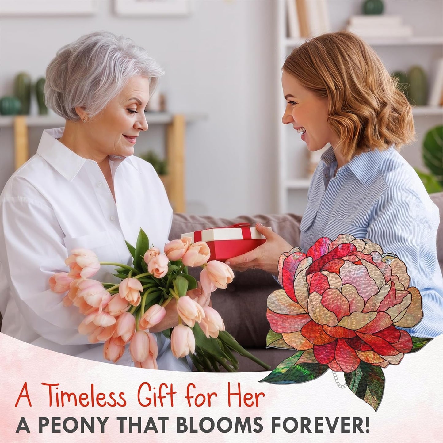 FLAGWIX Christmas Peony Flowers Gifts for Grandma - Stained Glass Window Hanging 8 in - Birthday Gifts for Women Mom, Grandma Gift, Peony Sun Catchers Indoor Window, Suncatchers Christmas Decorations
