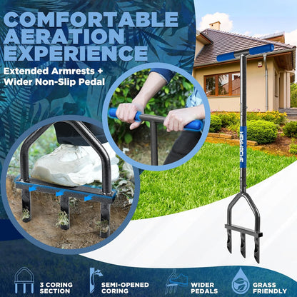 Lawn Aerator Coring Tool, Manual Plug Core Aerators with 3 Half-Open Hollow Slot Tines, Heavy Duty Grass Aeration Tool for Soils Yard Garden