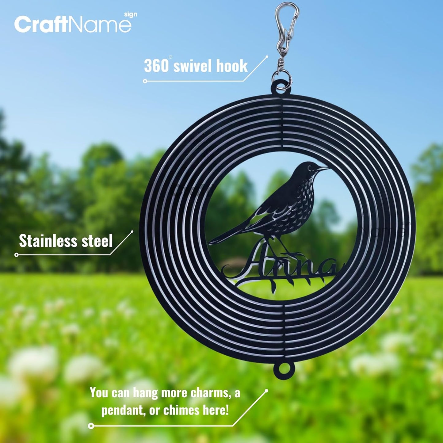 Personalized Raven Wind Spinner 3D Stainless Steel, Raven Garden Spinner Hanging Outdoor Decor, Wind Spinners Outdoor, Custom Gift for Grandmother, Mom, Wife