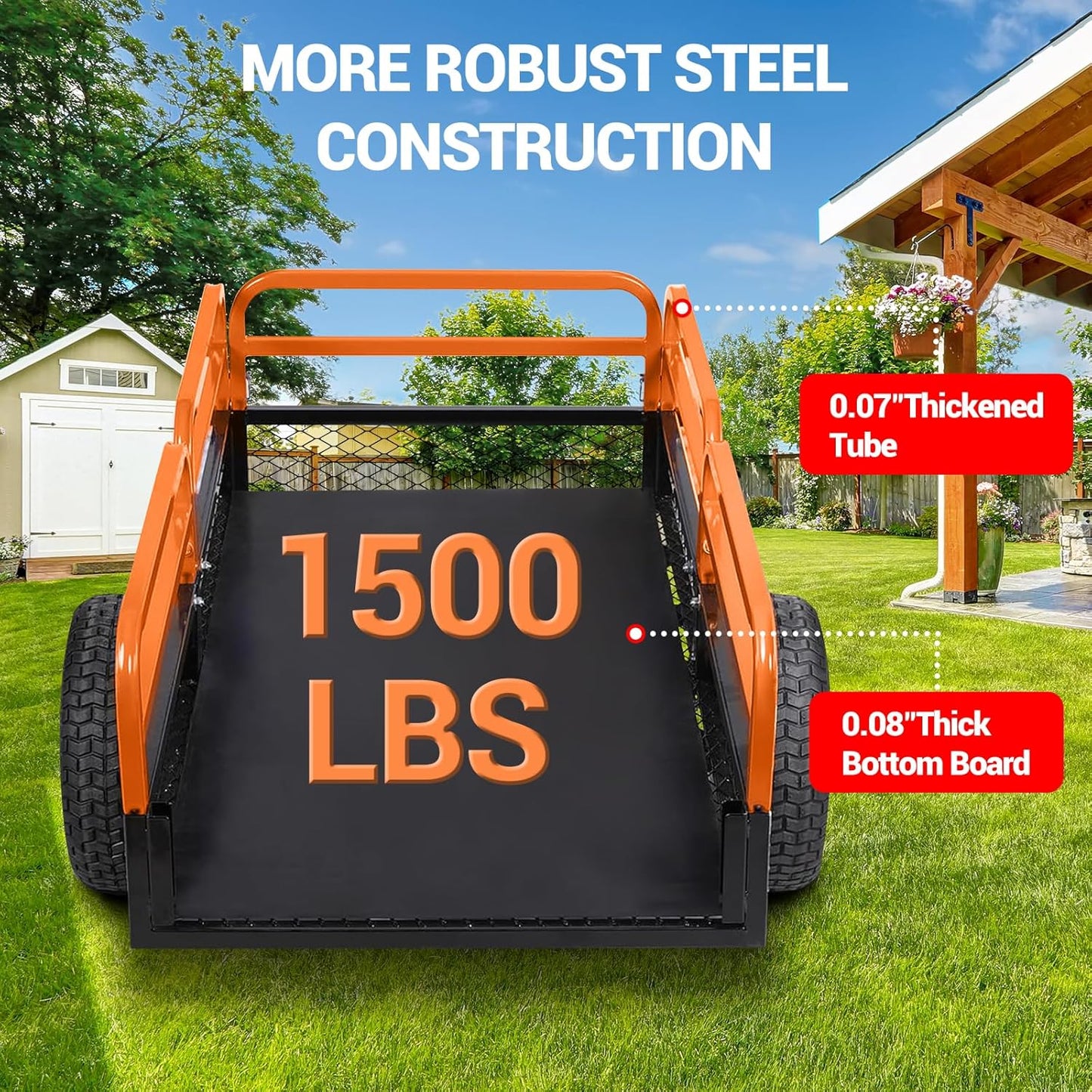 Heavy Duty Tow Behind Dump Cart - 1500 Lb Capacity 15 Cu.Ft Steel Utility Trailer, Removable Sides, Foot-Operated Dump for ATVs, UTVs, Lawn Mowers, Garden Yard