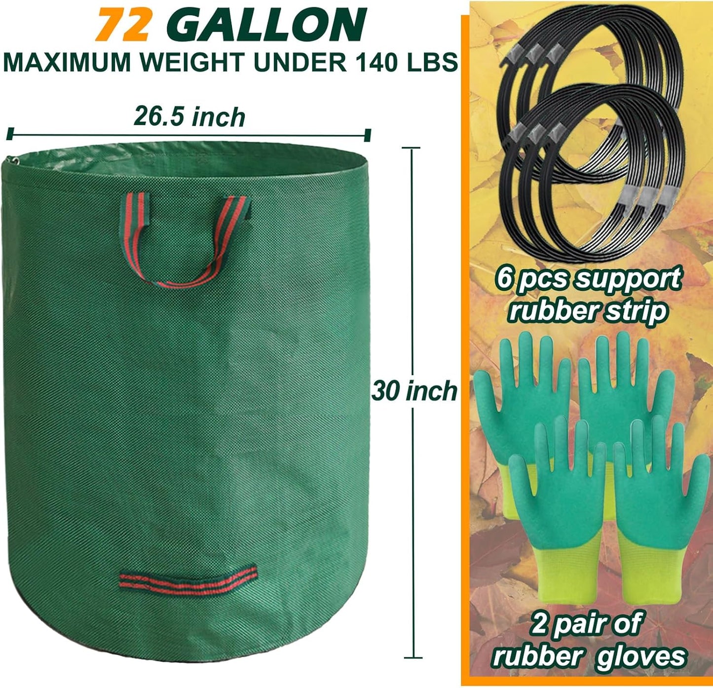 Reusable Yard Waste Bags, 72 Gallon Lawn and Leaf Bags, 6 Pack Garden Weed Heavy Duty with 4 Handles Standable&Collapsible Outdoor Trash Bags, Camping Yard Recycling Bags with 2 Pair of Gloves