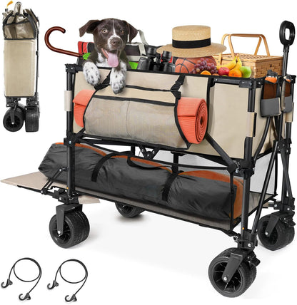 HOPERAN 400L XL Wagons Carts Foldable, 54" Extra Length Double Decker Collapsible Wagon Cart with Tailgate, 8" Big All-Terrain Wheels, 550lbs Load Utility Grocery Cart for Camping,Sports,Beach