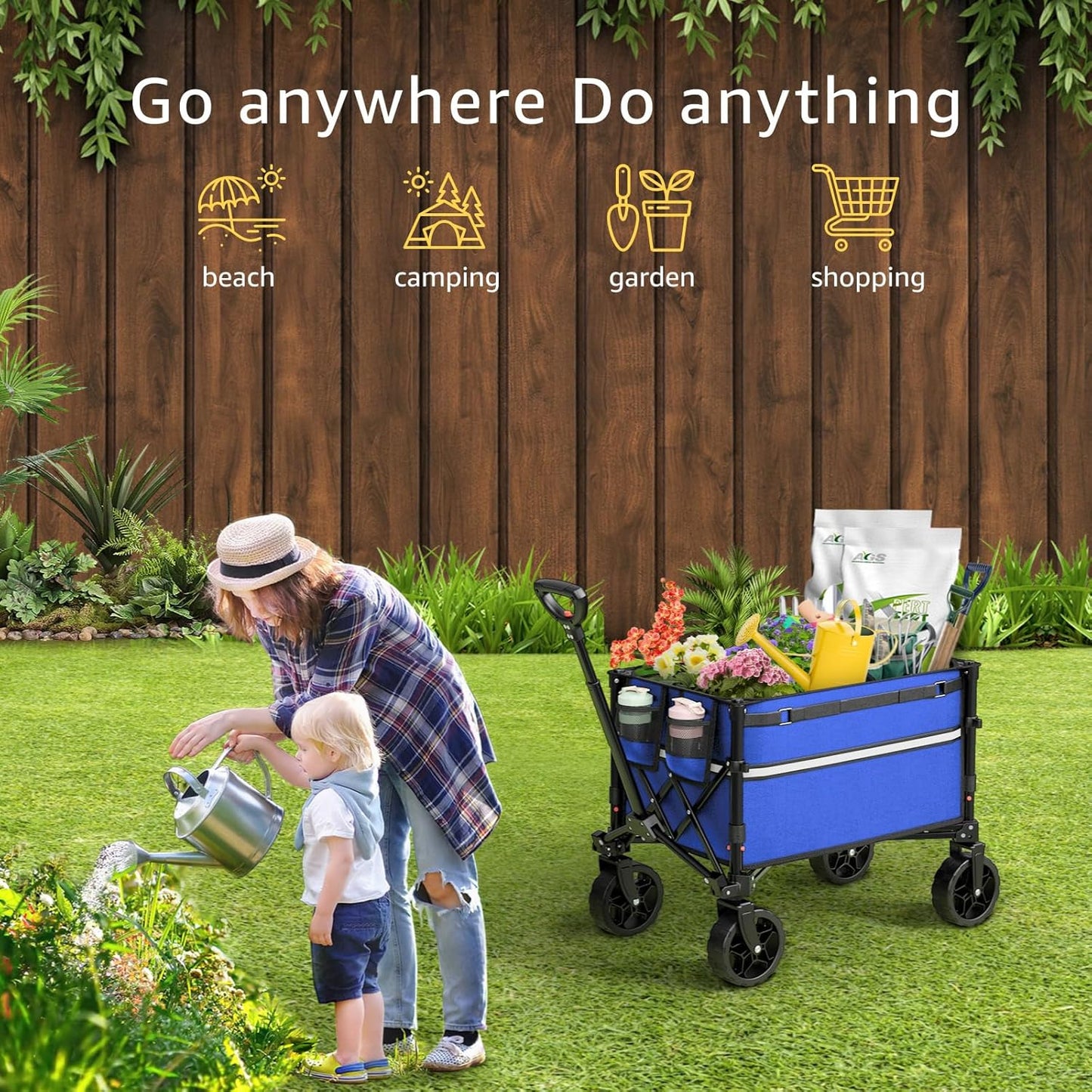 Collapsible Wagon Cart with Wheels Foldable - Folding Utility Heavy Duty Wagons Carts for Grocery Sports Garden Shopping Camping Wheelbarrows (Blue, 120L)