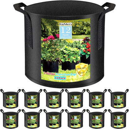 12 Pack Grow Bags 3 Gallon, 300G Heavy Duty Thickened Non-Woven Plant Bag Plant Fabric Pots with Handles Planting Bags, Pot for Plants