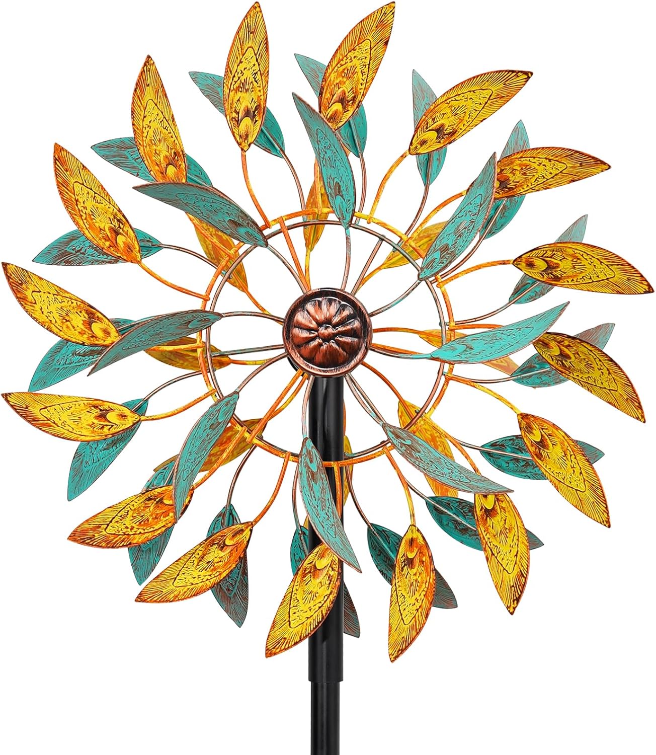 Metal Wind Spinners Outdoor, Kinetic Garden Wndmills,Yard Art Windmill with Metal Stake,Vintage Wind Sculptures & Spinners,Waterproof Pinwheels Large Wind Mill for Patio Lawn Yard Garden (Yellow+Blue)