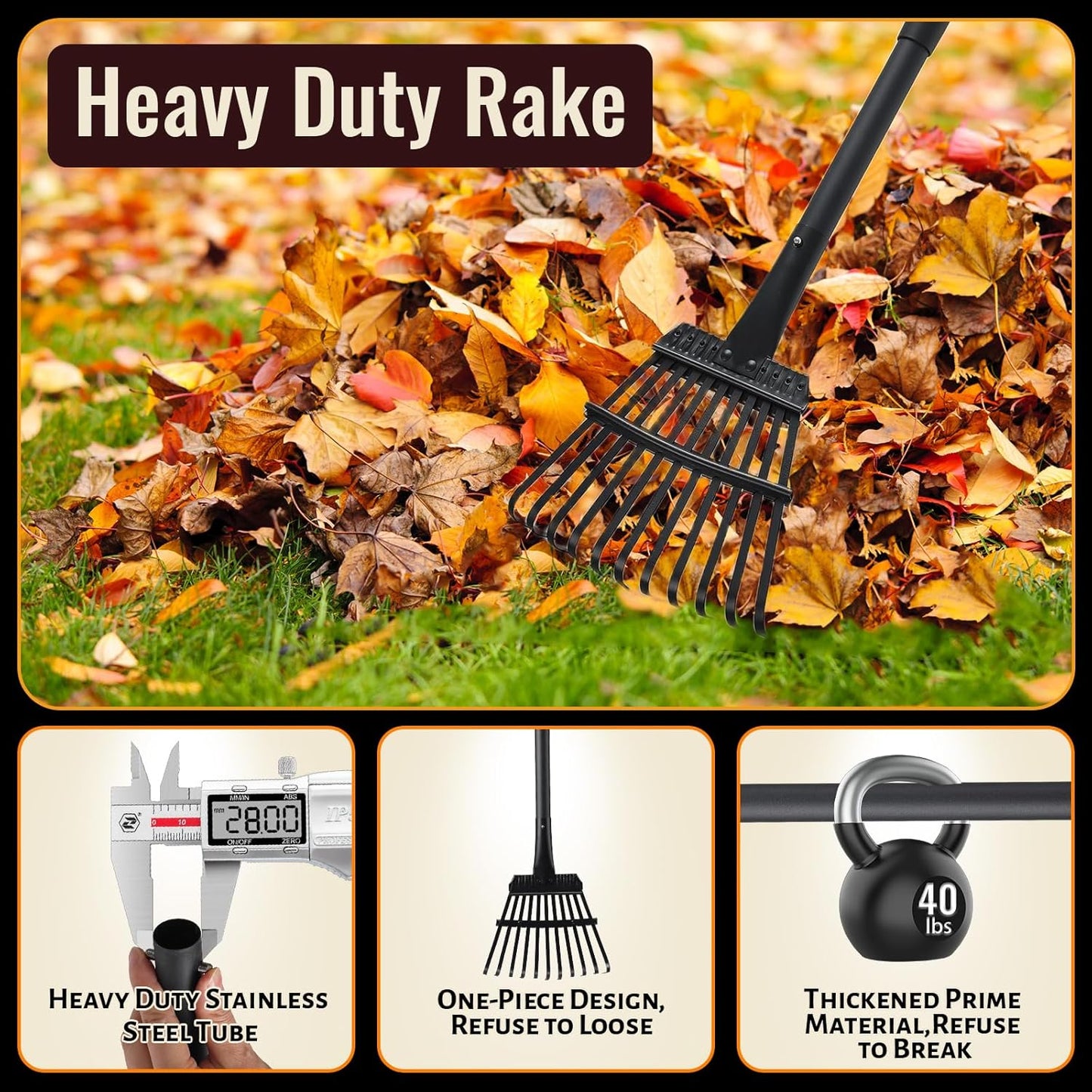 Small Garden Rake for Leaves,11 Tines Heavy Duty Metal Yard Hand Rake with 63in Adjustable Handle,Ideal Leaf Scoops Gardening Tool for Gathering Leaves,Shrub,Poop,Leveling Grass,Garden Flower Bed,Yard