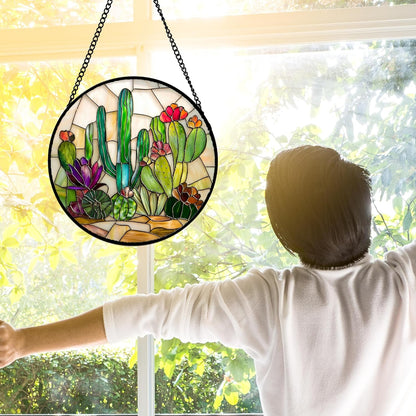 Stained Glass Window Hanging, White Green Cactus Suncatcher Diamond Glass Panel Hangings Sun Catchers Decor for Birthday for Women, Men, Wife, Aunt, and Mom 11.8x11.8 in