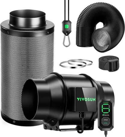 VIVOSUN Smart Air Filtration G6 Kit 6", AeroZesh G6 Inline Duct Fan with E12 Speed Controller, Carbon Filter & 8' Ducting, Cooling & Ventilation System for Grow Tents, Indoor Gardening, Hydroponics