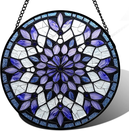 Stained Glass Window Hanging, Purple Blue Tiffany Style Flowers Sun Catcher for Window Door Home Decor Suncatcher Christmas Mother's Day Birthday Gifts for Women Men Mom Nana 15 in