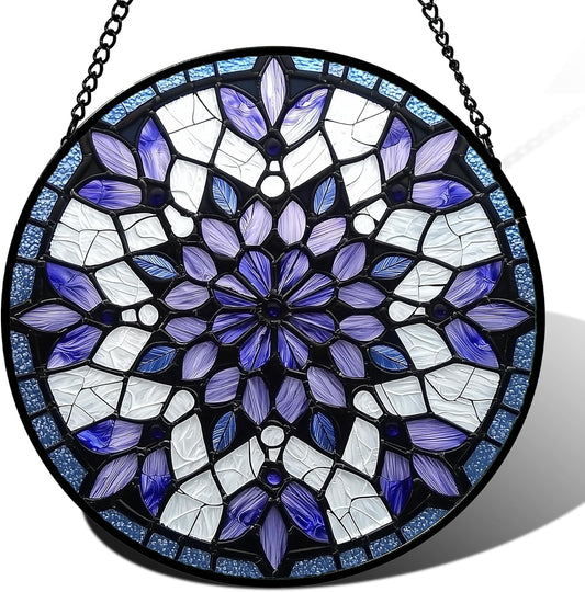 Stained Glass Window Hanging, Purple Blue Tiffany Style Flowers Sun Catcher for Window Door Home