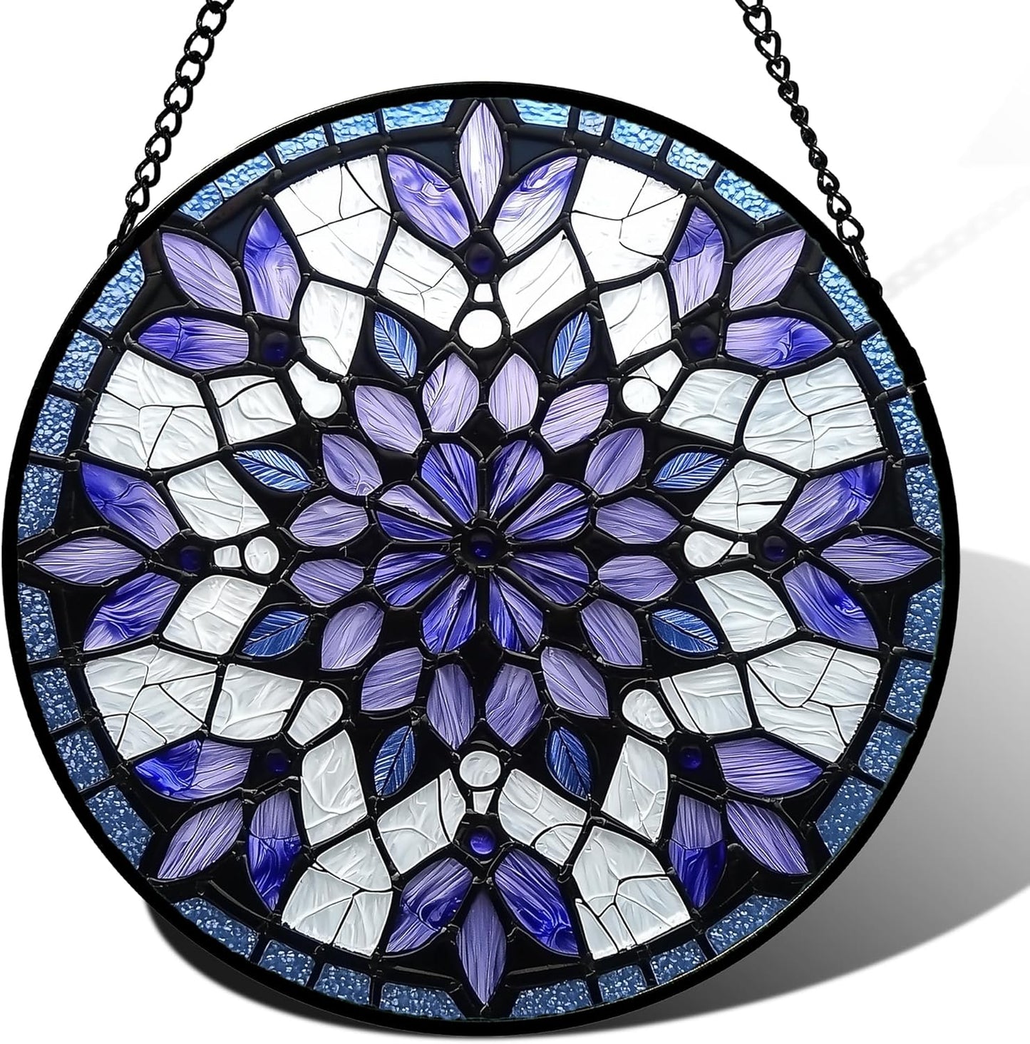 Stained Glass Window Hanging, Purple Blue Tiffany Style Flowers Sun Catcher for Window Door Home Decor Suncatcher Christmas Mother's Day Birthday Gifts for Women Men Mom Nana 7.8 in