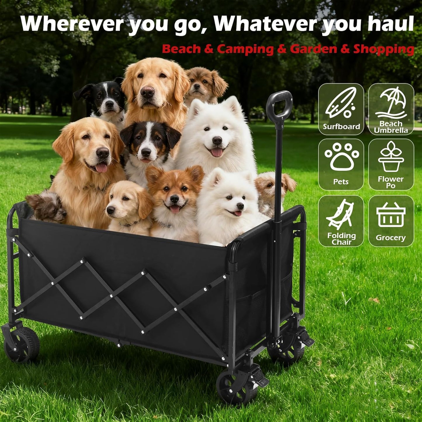 Collapsible Wagons Carts Foldable Wagon, 500LBS Heavy Duty Wagon Cart Foldable with Brakes & All-Terrain Wheels, Large Collapsible Folding Wagons for Beach Camp Sports Grocery, Portable (Black)