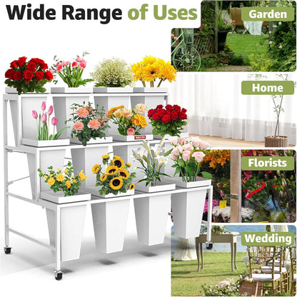 Flower Display Stand 3 Layers with 12 PCS Round Buckets, Plant Stand with Wheels, Movable Metal Plant Stand for Terrace Garden, Living Room, Florist Shop