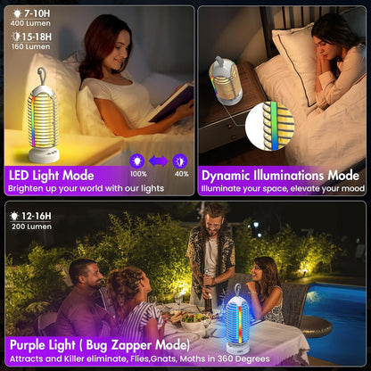 Bug Zapper Outdoor with Colorful Lighting and Auto-Sensing, 3 in 1 Cordless 4000mAh Battery Electric Fly Trap, Rechargeable Mosquito Zapper for Camping, Patios, Garden, Kitchen (1Pack-Grey)