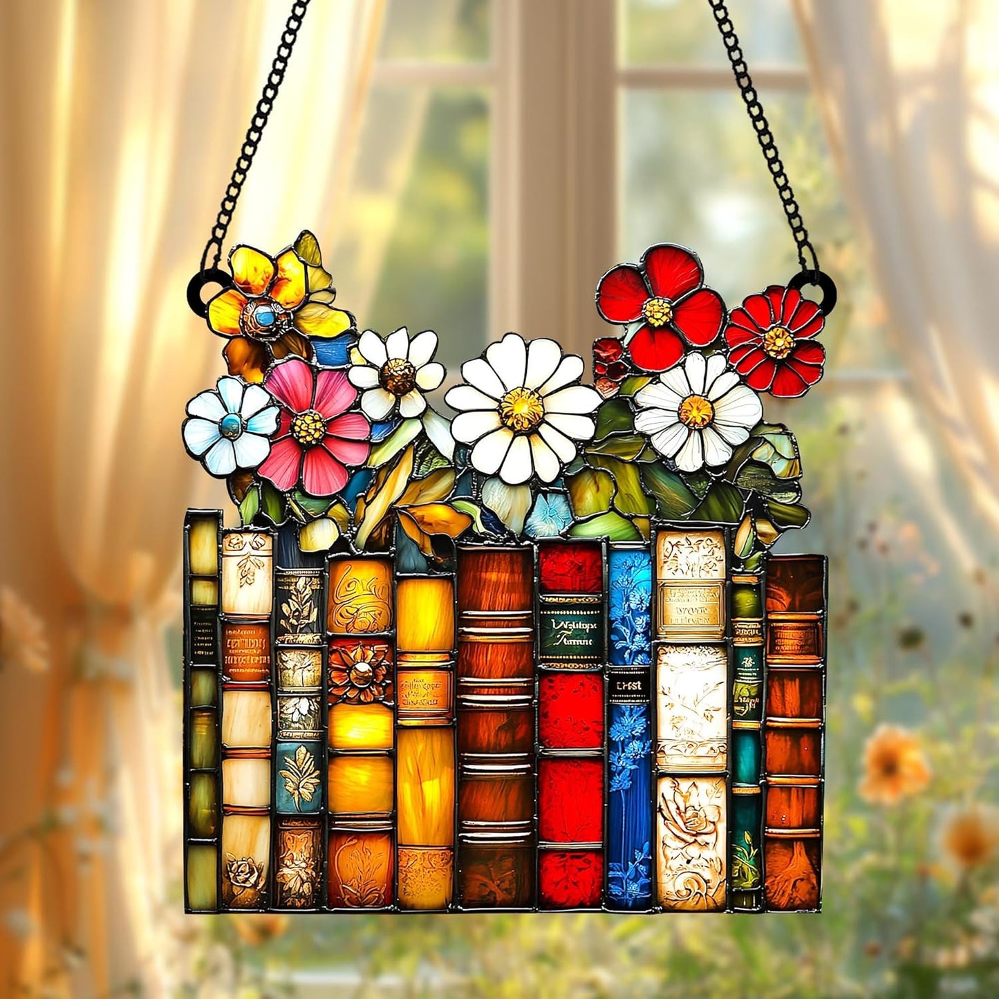 Wildflowers and Books Acrylic Suncatcher Ornament Window Hanging Book Lover Librarian Housewarming Gift