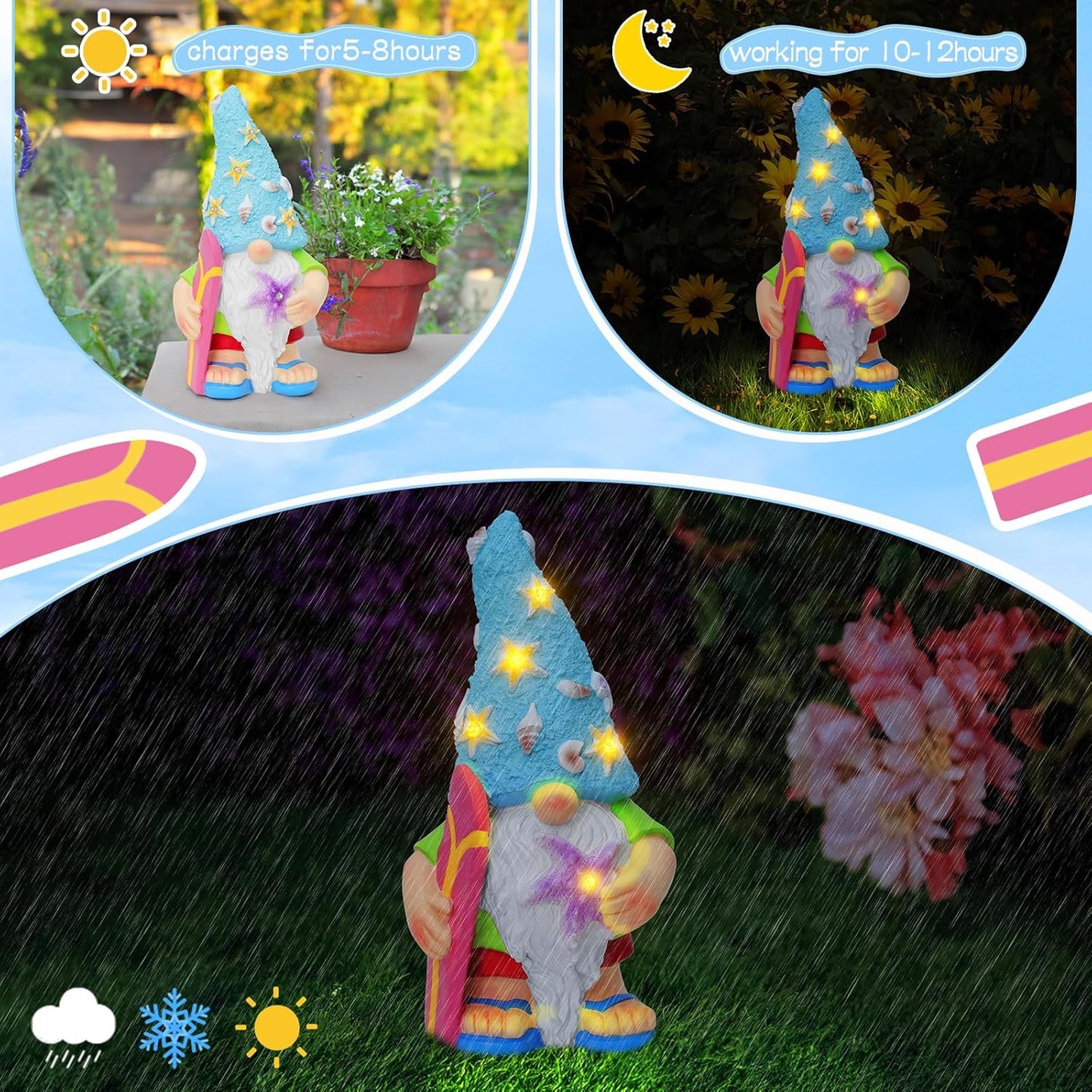 Womens Gifts Solar Garden Outdoor Statues Gnome with Surfboard and 5 LED Lights - Unique Housewarming Gifts Lawn Decor Statue for Patio, Balcony, Yard Ornament
