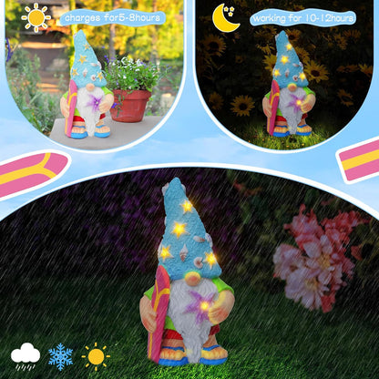 Womens Gifts Solar Garden Outdoor Statues Gnome with Surfboard and 5 LED Lights - Unique Housewarming Gifts Lawn Decor Statue for Patio, Balcony, Yard Ornament