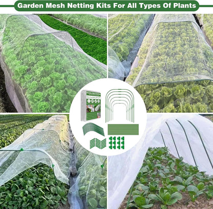 Garden Mesh Netting Kit, 10x33FT Ultra Fine Mesh Netting with 6 Sets Fiberglass Garden Hoops & 18 Clips for Tree Fruit Barrier Vegetable Fruits Flowers Shrubs Plant Covers Net