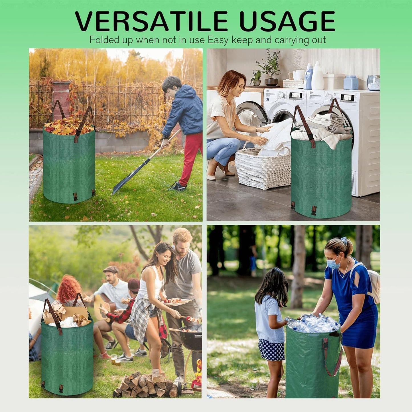 Leaf Collector Bag with Lid, Shoulder Strap, and Drawstring – Reusable Yard Garden Bag for Leaves and Lawn Trash, Perfect for Leaf Removal, Yard Clean-Up (With lid, 32 Gallon)