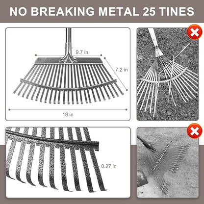 KeFanta Garden Leaf Rakes, Rake for Leaves Heavy Duty 25 Metal Tines 18.5" Wide, 62" Adjustable Long Handle Rakes for Lawns Yard Grass Flower Beds