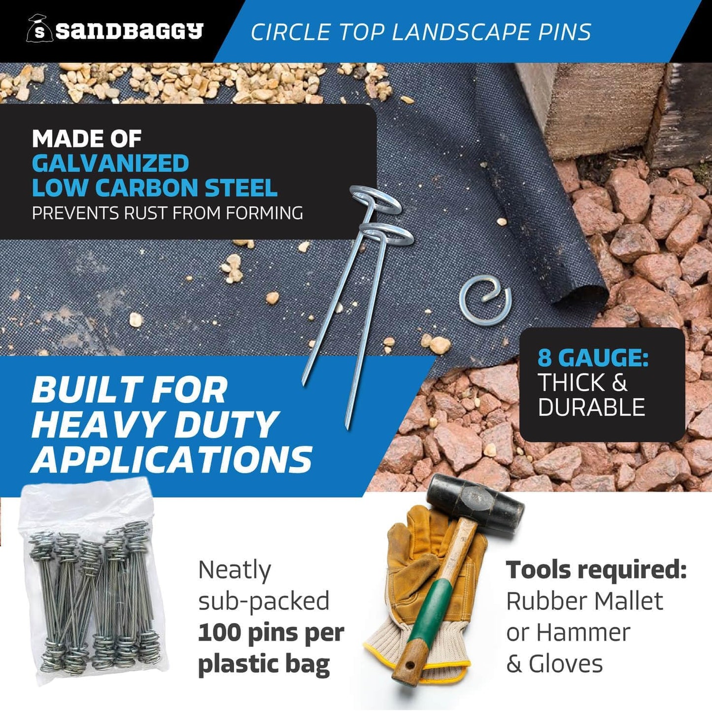 Sandbaggy 6-inch Circle Top Pins - Landscape Staples (Galvanized) - Garden Stakes for Landscaping, SOD - Heavy Duty Ground Stakes, Lawn Turf Spikes, Christmas Decorations, Weed Mats (50 Pins)