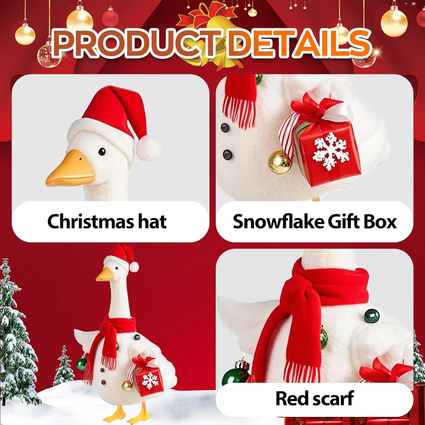 Christmas Snowman Porch Goose Outfits for Large 23" High Cement or Plastic Goose Statue, Yard Goose Cloths with Christmas Hat and Snowflake Gift Box Decor for Outdoor Lawn Gaden Patio