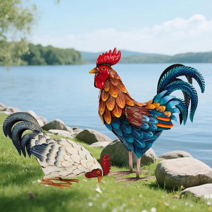 Shorayn Metal Rooster Statues, Outdoor Garden Metal Chicken Decor, Garden Sculptures Chicken Ornaments Yard Art for Backyard Patio Lawn Decorations, Set of 2