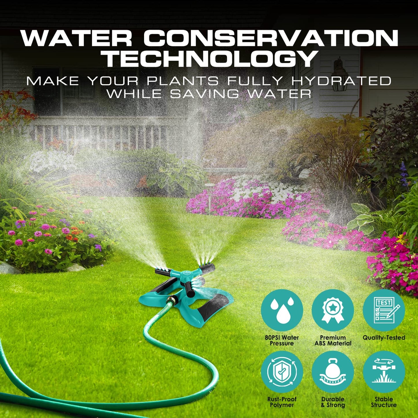 Joeys Sprinkler for Yard, Rotating Garden Sprinkler with 3 Adjustable Arms, Weighted Base