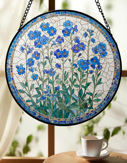 Forget-me-not Flower Stained Glass Sun Catcher - Handmade 7.87 Inch Blue Glass Decorative Stained Glass Window Hanging Decoration for Plant Lovers, Forget-me-not Gift for Friends, Family, Classmates