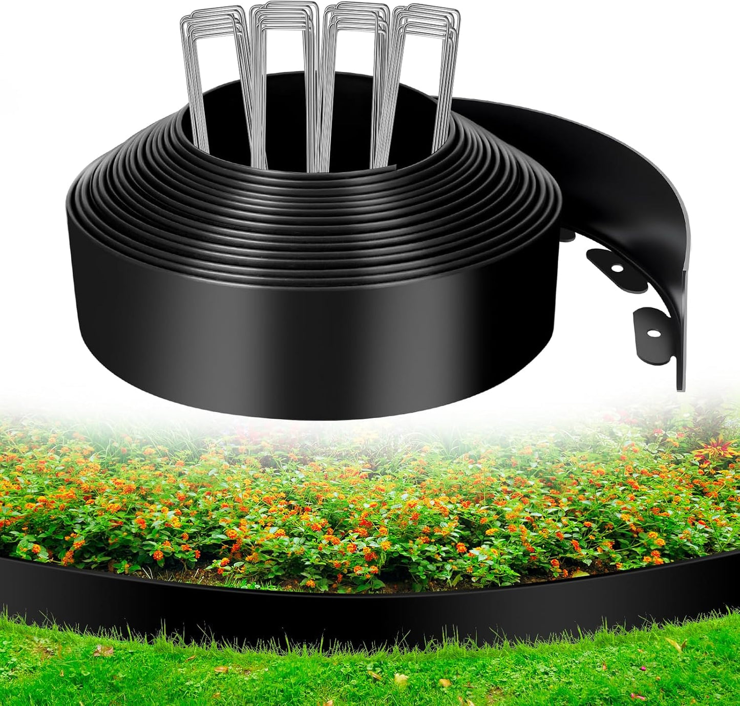 4IN x 33FT Landscape Edging, Garden Edging Borders with 40pcs Metal Stakes, Flexible Plastic Garden Border for Lawn, Landscaping, Flower Beds, Trees and Yard