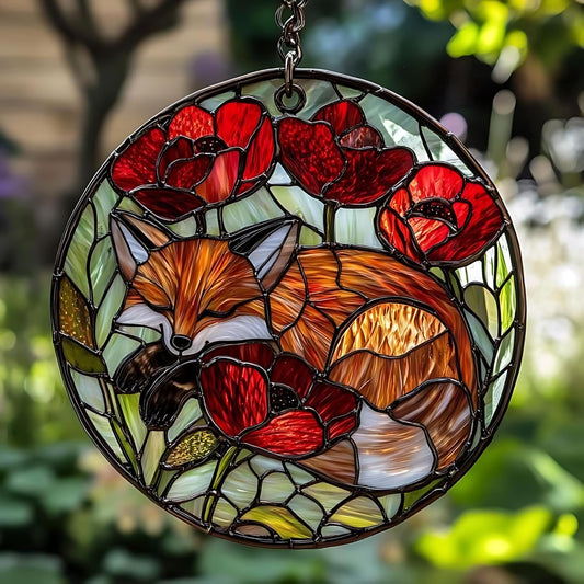 Fox Poppies Flower Acrylic Suncatcher Stained Glass Effect Window Car Hanging Christmas Ornament