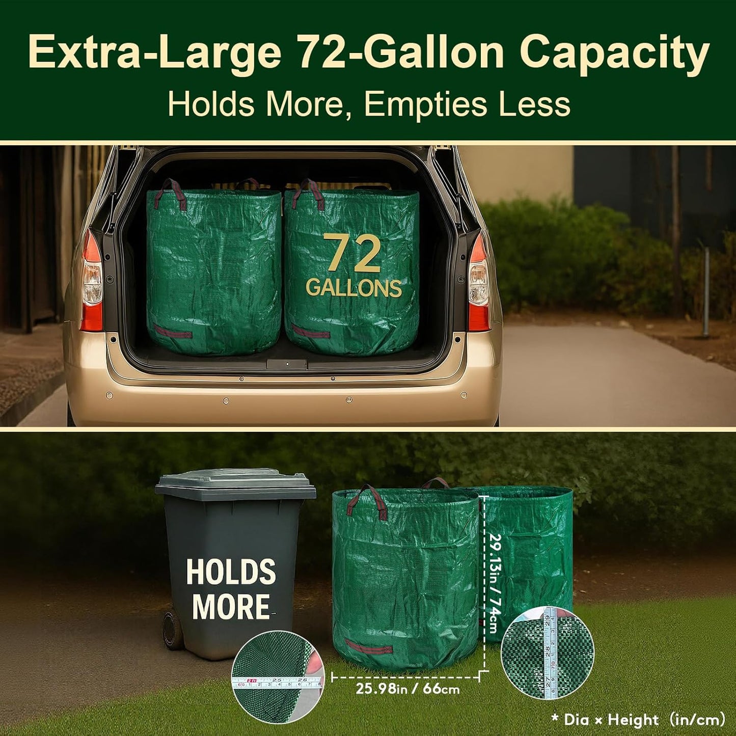 3-Pack 72 Gallon Self-Standing Yard Waste Bags with Cowhide Gloves — Heavy-Duty 150 GSM Woven PE, Double-Layer Reinforced Bottom, Four Handles, Reusable Leaf Bags for Lawn & Garden