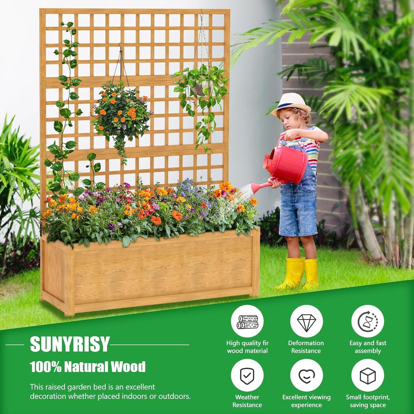 SUNYRISY Raised Garden Bed with Trellis, Wooden Vertical Planter Box with Privacy Screen Outdoor for Climbing Plant Vine Flowers Vegetables, Planter with Hanging Roof and Drainage Holes