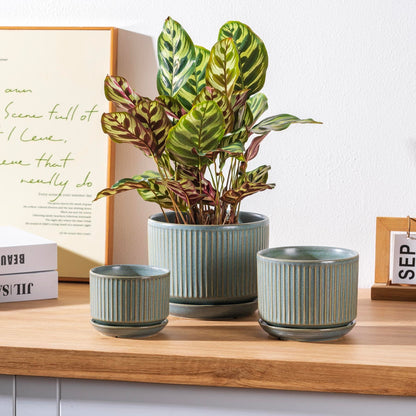 SURE YUESI Ceramic Plant Pots Set of 3, Indoor Outdoor Planters with Drainage Hole and Saucer