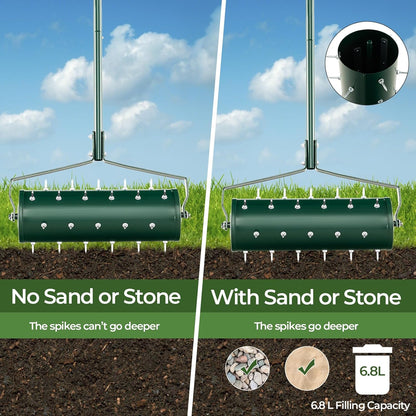 S AFSTAR 21" Manual Lawn Aerator, Heavy Duty Rolling Aerator Lawn Tool Filled Sand Stone with 51" Detachable Handle & Tine Spikes for Soil Loosening, Push Grass Aeration for Garden Yard