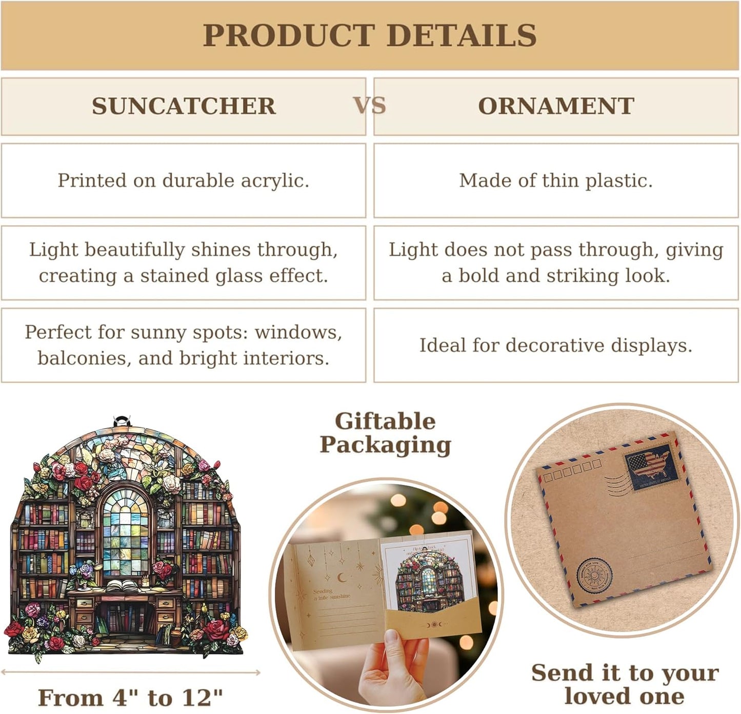 Book and Flower Bookish Acrylic Suncatcher Stained Glass Effect Window Car Hanging Christmas Ornament Indoor Outdoor Decor Garden Bookworm Sun Catcher Book Lover for Women Mom Grandma