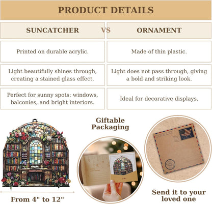 Book and Flower Bookish Acrylic Suncatcher Stained Glass Effect Window Car Hanging Christmas Ornament Indoor Outdoor Decor Garden Bookworm Sun Catcher Book Lover for Women Mom Grandma