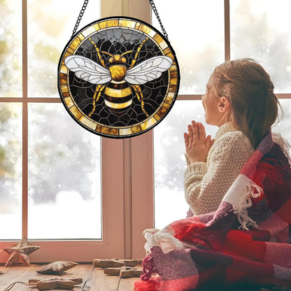 Stained Glass Window Hanging - Black Gold Bee White Wings Sun Catcher for Door Home Decor Insect Suncatcher Christmas Mother's Day Birthday Gifts for Women Men Lovers Mom Nana 15 in
