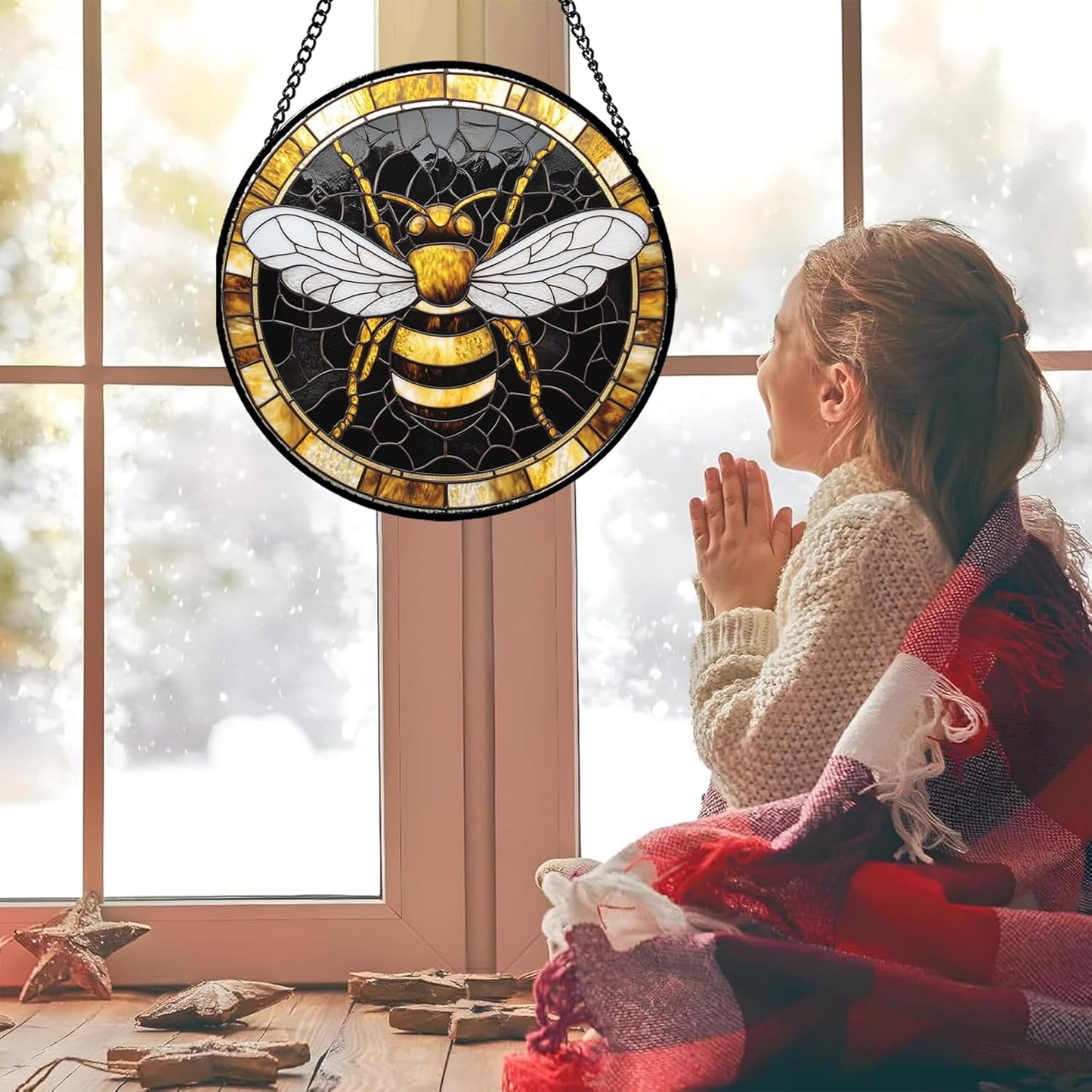Stained Glass Window Hanging - Black Gold Bee White Wings Sun Catcher for Door Home Decor Insect Suncatcher Christmas Mother's Day Birthday Gifts for Women Men Lovers Mom Nana 7.8 in