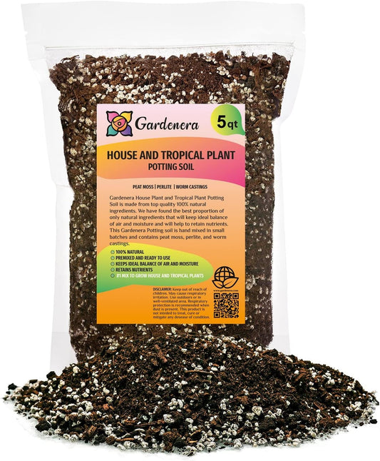 Gardenera House Plant and Tropical Plant Potting Soil - Re-Potting Soil for All Types of Indoor House Plants - 5 Quart Bag