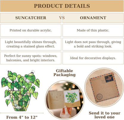 Pothos Acrylic Suncatcher Stained Glass Effect Window Car Hanging Christmas Ornament Indoor Outdoor Decor Garden Sun Catcher Panel Gifts for Nature Lover for Women Mom Grandma