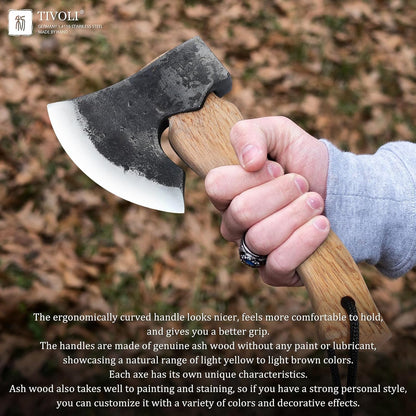 Tivoli 9-inch Small Hatchet Axe for Camping, Small Wood Hatchet Hand Axe, Hand Forged Carbon Steel Short Camp Axe for Chopping Wood, Ash Wood Handle, Retro Sheath